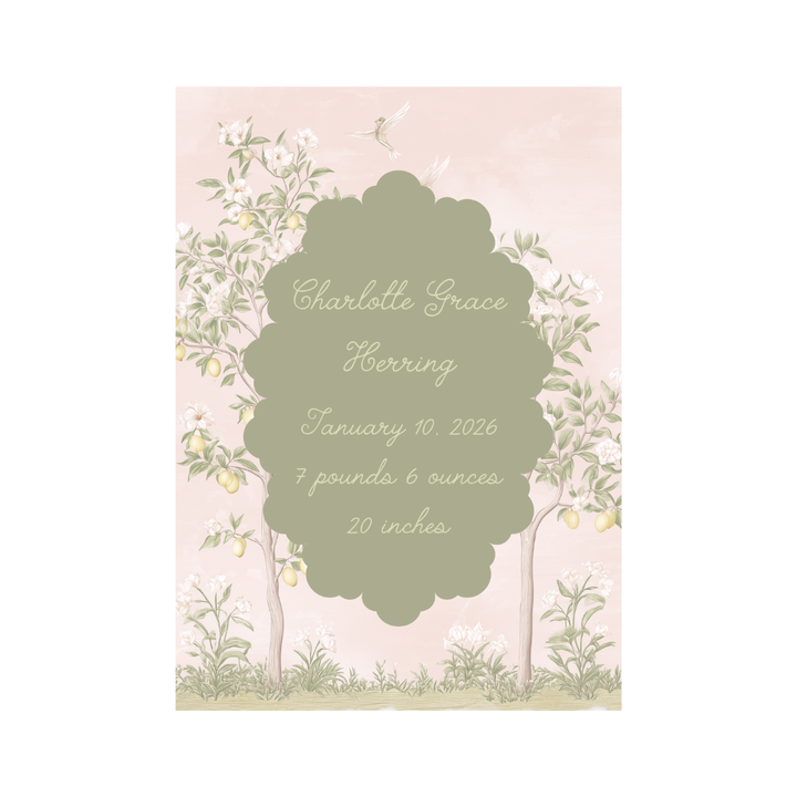 Pink Chinoiserie Birth Announcement Print