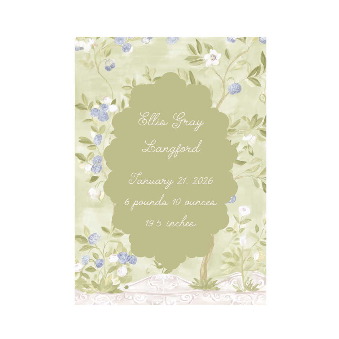 Green Chinoiserie Birth Announcement Print