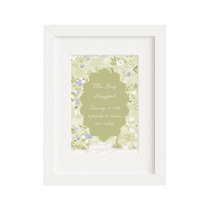 Green Chinoiserie Birth Announcement Print
